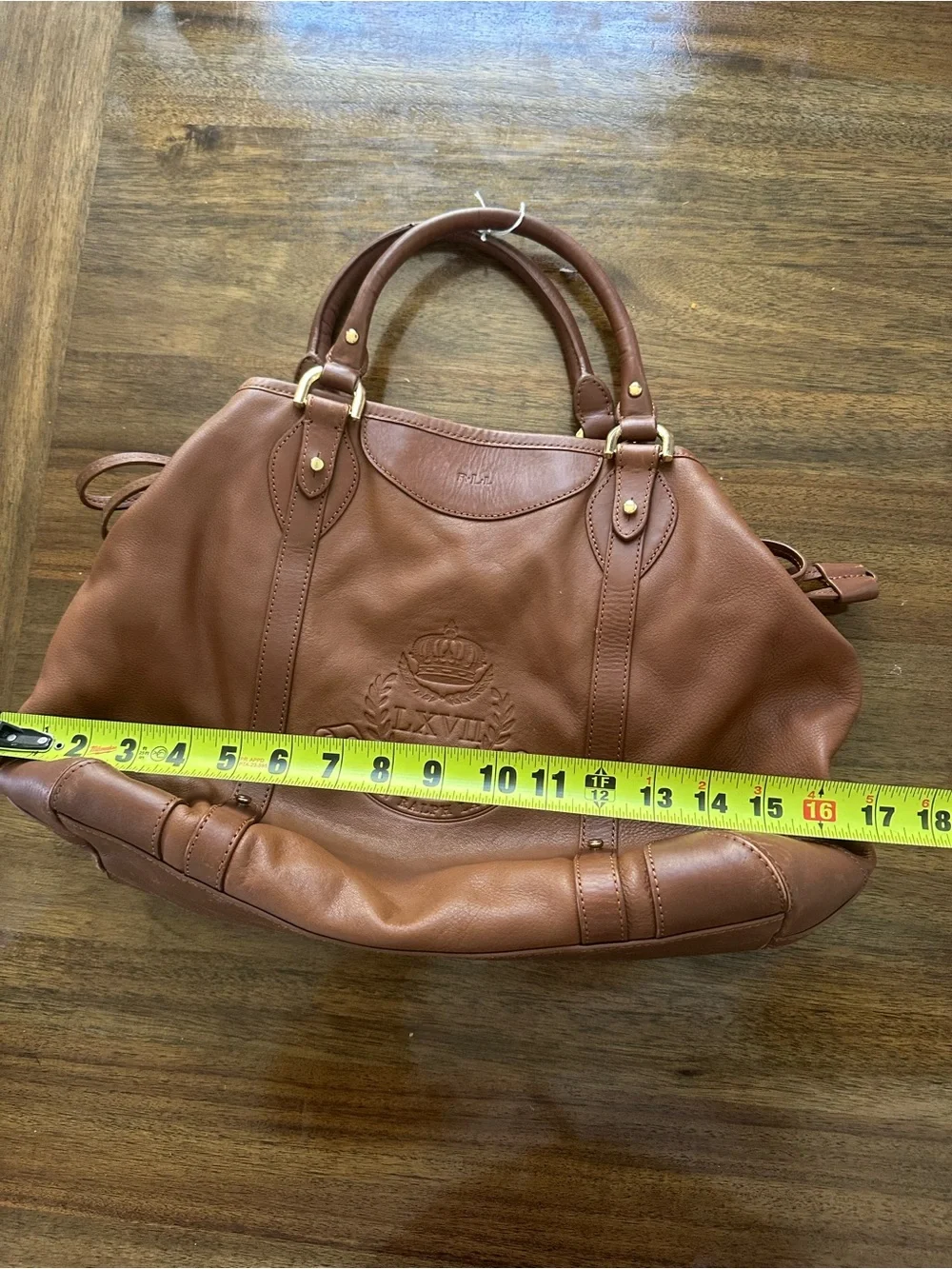 Vintage Ralph Lauren LXVII Brown Leather Tote SATCHEL COGNAC CREST WORK Bag